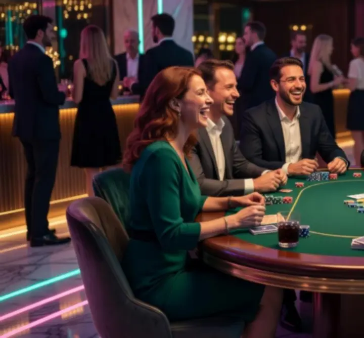Skupina lidí se směje u elegantního pokerového stolu v rámci společenského večera.