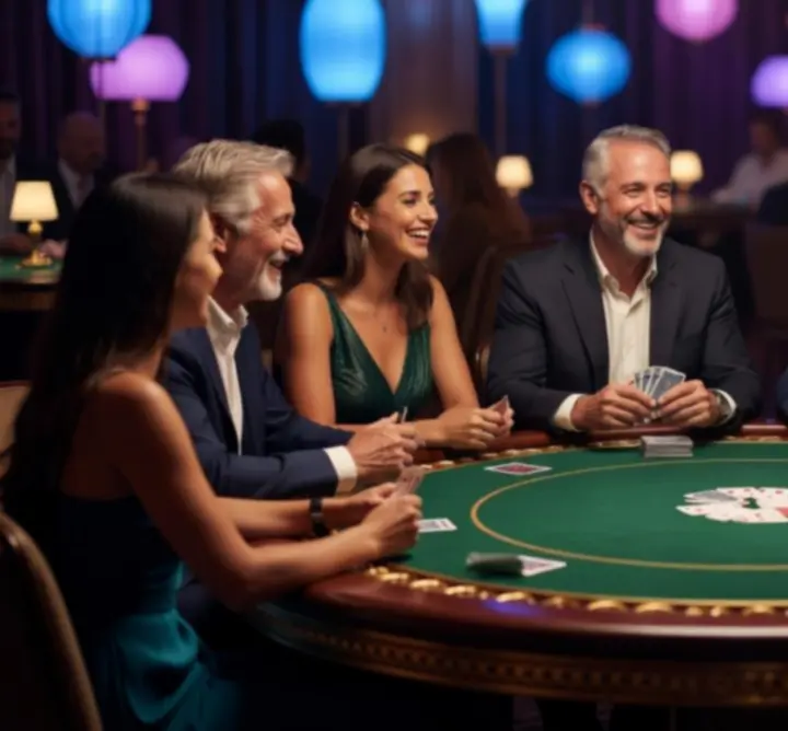 Skupina hostů u elegantního pokerového stolu v rámci společenského eventu Zlatovia.